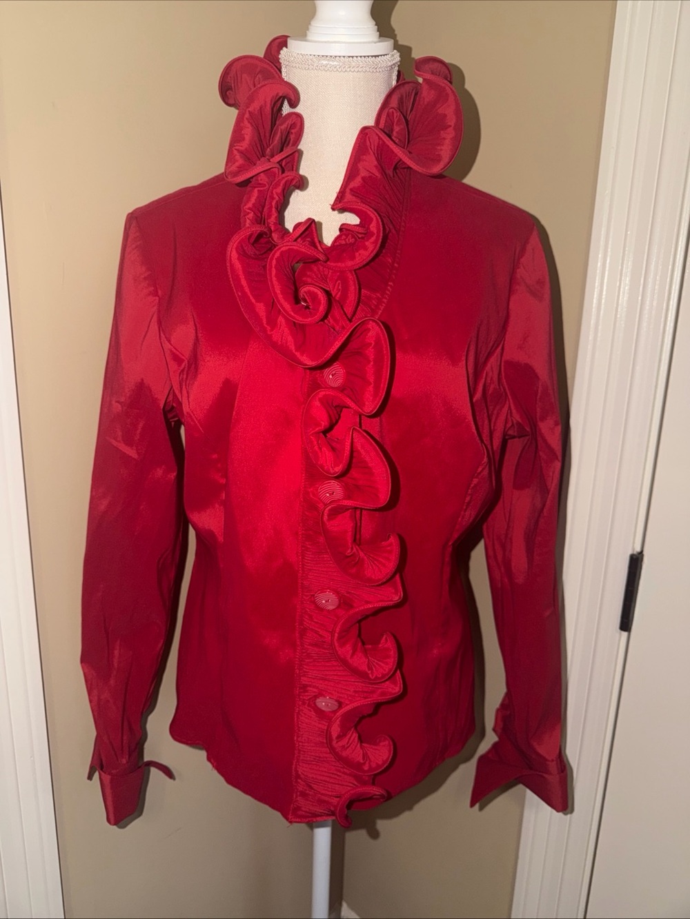 Samuel Dong Jacket Red Ruffled Collar Stretch Full Zip Women's Size L